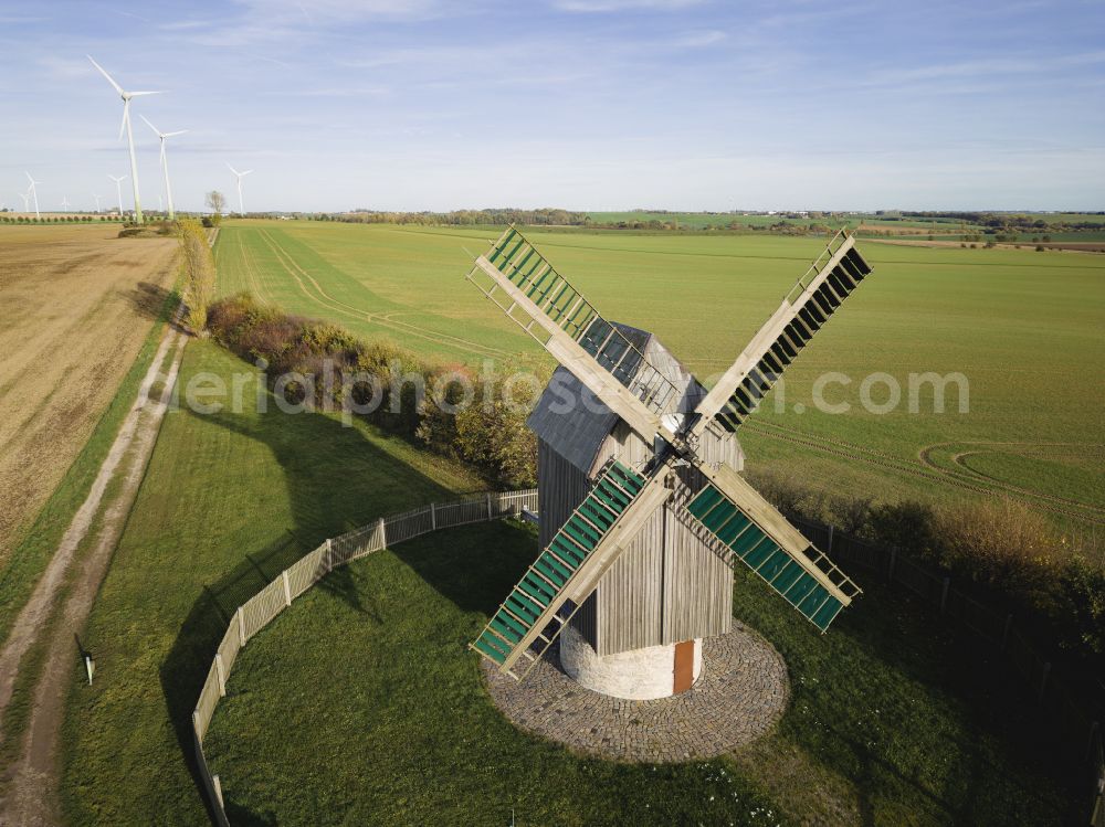 Grimma from above - Paltrock windmill Schkortitz. The mill was dismantled in 2009 in Wurzen OT Roitzsch (Nemter Weg), rebuilt in 2013 at the new location in Grimma in the state of Saxony, Germany