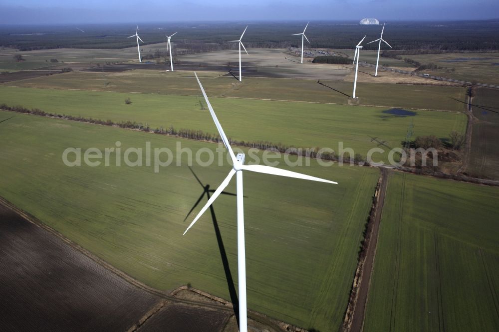 Krausnick from the bird's eye view: Windmills at a wind farm near Krausnick in the state of Brandenburg