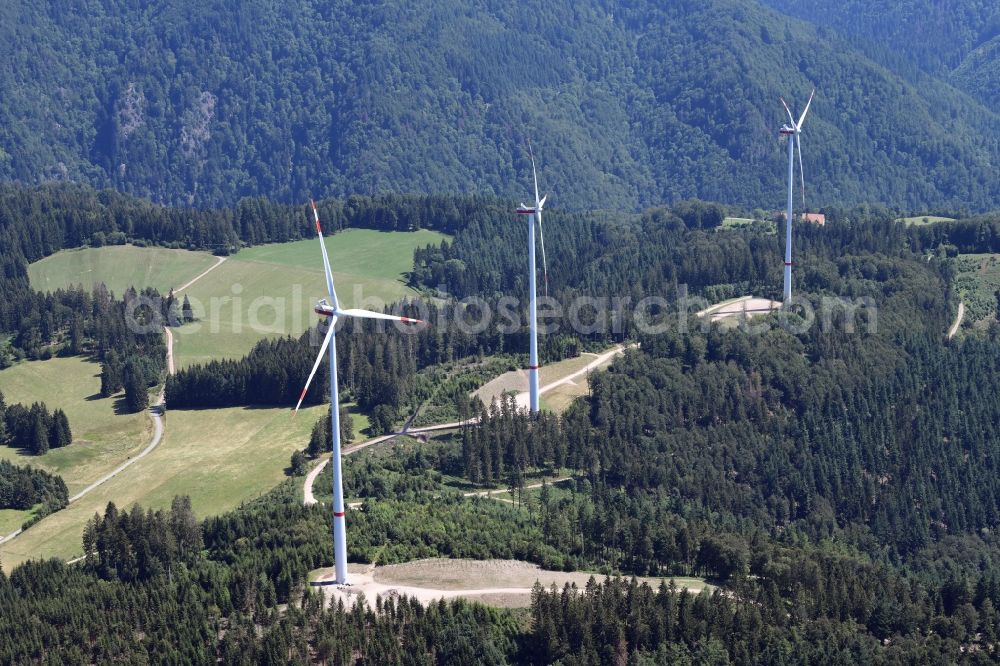 Schopfheim from the bird's eye view: Looking over the three wind turbines of the wind farm Glaserkopf in the Southern Black Forest in Hasel, Baden-Wurttemberg