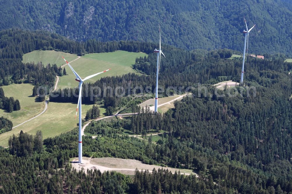 Aerial image Schopfheim - Looking over the three wind turbines of the wind farm Glaserkopf in the Southern Black Forest in Hasel, Baden-Wurttemberg