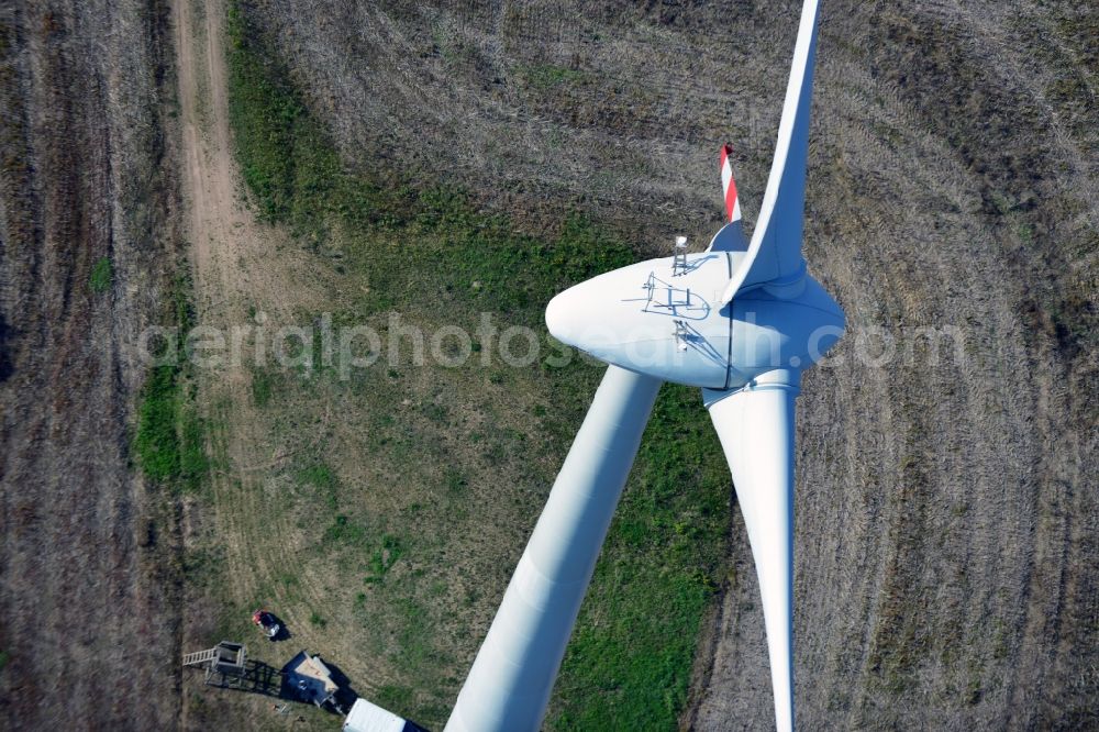 Aerial image Nauen - View of the wind farm Nauen, a wind turbine field to plate the Nauen in Brandenburg