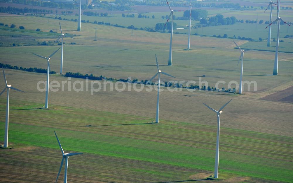 Aerial image Nauen - View of the wind farm Nauen, a wind turbine field to plate the Nauen in Brandenburg