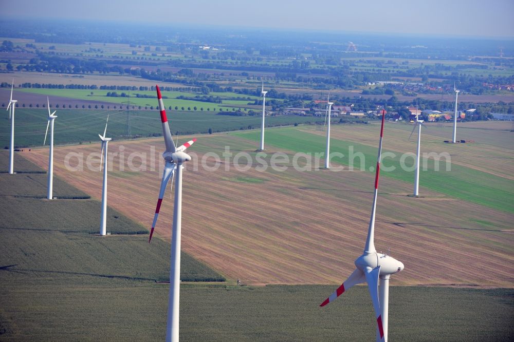 Aerial image Nauen - View of the wind farm Nauen, a wind turbine field to plate the Nauen in Brandenburg