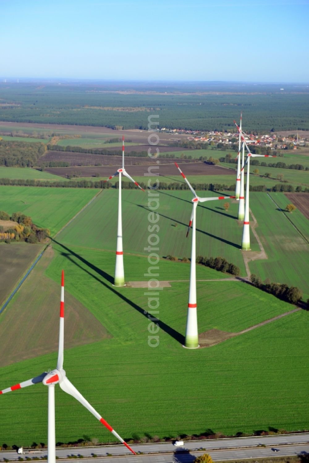 Schlalach from above - View of the wind farm in Schlalach in the state Brandenburg. Client of the wind turbine was Enercon GmbH