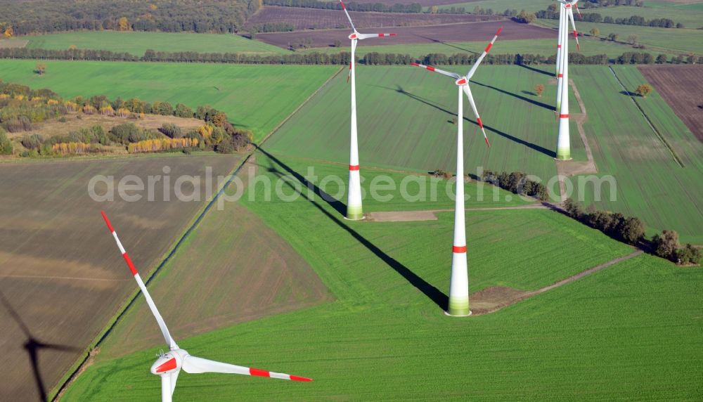 Schlalach from the bird's eye view: View of the wind farm in Schlalach in the state Brandenburg. Client of the wind turbine was Enercon GmbH