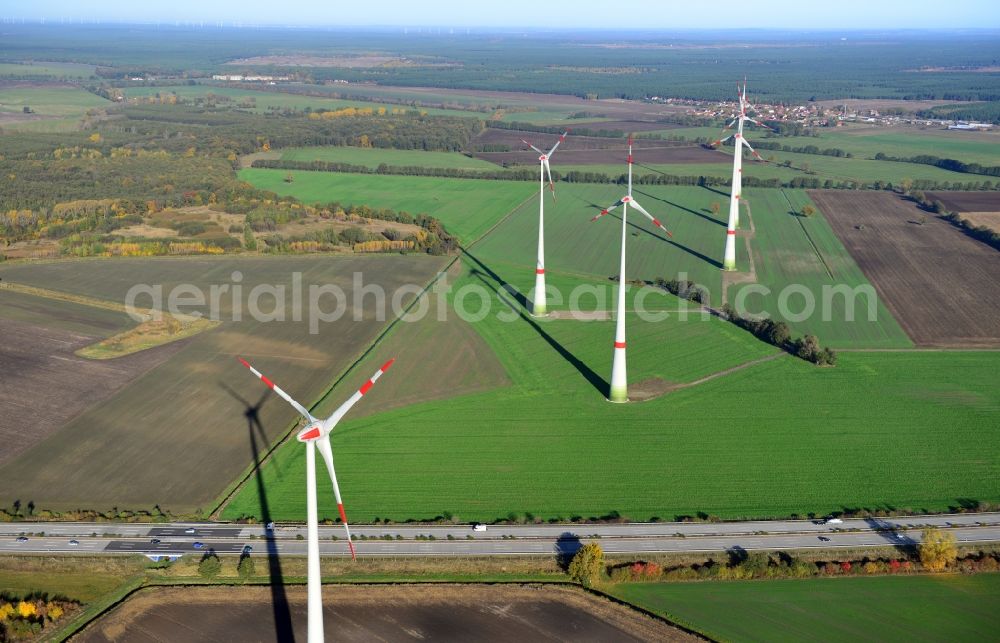 Aerial image Schlalach - View of the wind farm in Schlalach in the state Brandenburg. Client of the wind turbine was Enercon GmbH