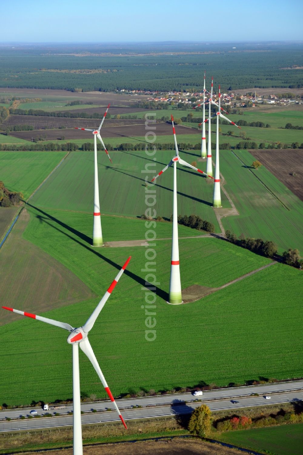 Aerial photograph Schlalach - View of the wind farm in Schlalach in the state Brandenburg. Client of the wind turbine was Enercon GmbH