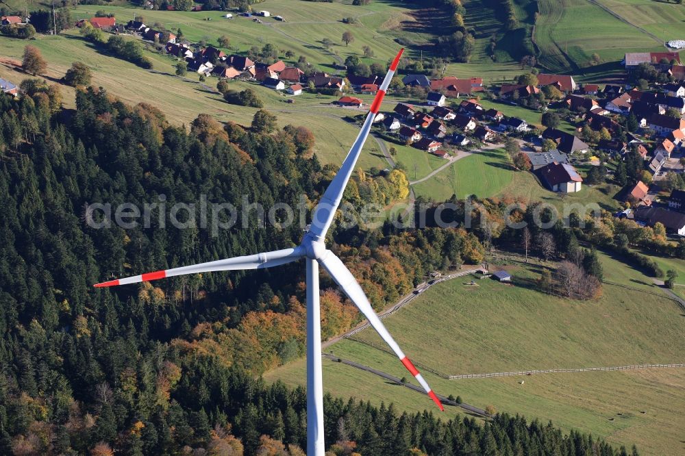 Aerial image Schopfheim - On the Rohrenkopf, the local mountain of Gersbach, a district of Schopfheim in Baden-Wuerttemberg, wind turbines have started operation. It is the first wind farm in the south of the Black Forest