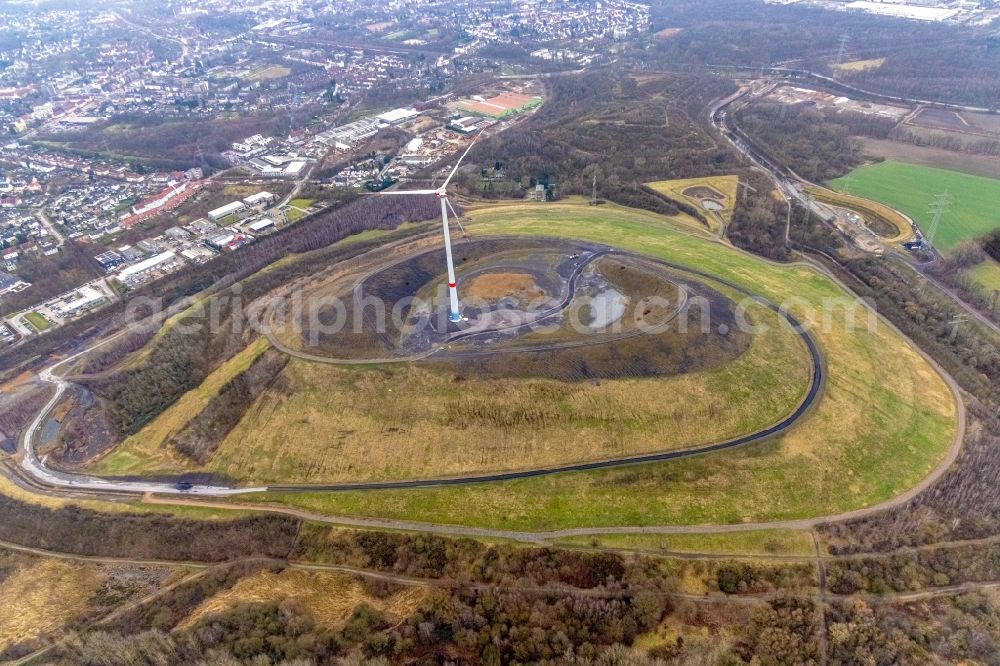 Gladbeck from above - Wind turbine installation on the overburden dump hill of the Mottbruchhalde in Gladbeck at Ruhrgebiet in the state North Rhine-Westphalia, Germany