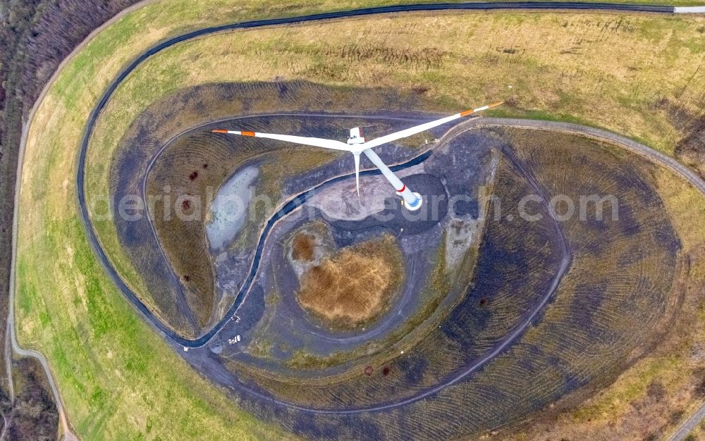 Gladbeck from the bird's eye view: Wind turbine installation on the overburden dump hill of the Mottbruchhalde in Gladbeck at Ruhrgebiet in the state North Rhine-Westphalia, Germany