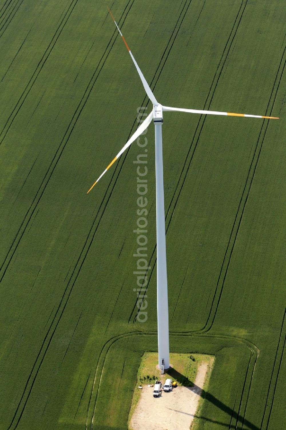 Greußen from above - Wind turbine on a field with alleys in Greussen in the state of Thuringia