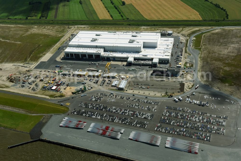 Cuxhaven from above - Wind turbine assembly and manufacturing plant in the industrial area of Siemens Offshore-Windturbinenwerk in Cuxhaven in the state Lower Saxony, Germany