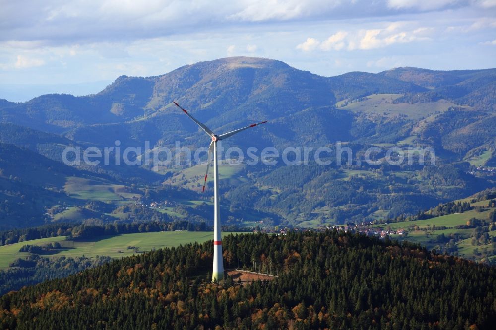 Aerial photograph Schopfheim - On the Rohrenkopf, the local mountain of Gersbach, a district of Schopfheim in Baden-Wuerttemberg, wind turbines have started operation. It is the first wind farm in the south of the Black Forest. View to the mountain Belchen