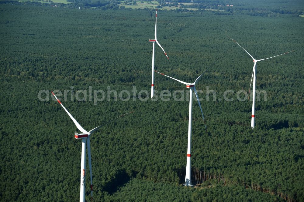 Spreenhagen from above - Wind turbine wind power plant of ABO Wind AG in Spreenhagen in Brandenburg