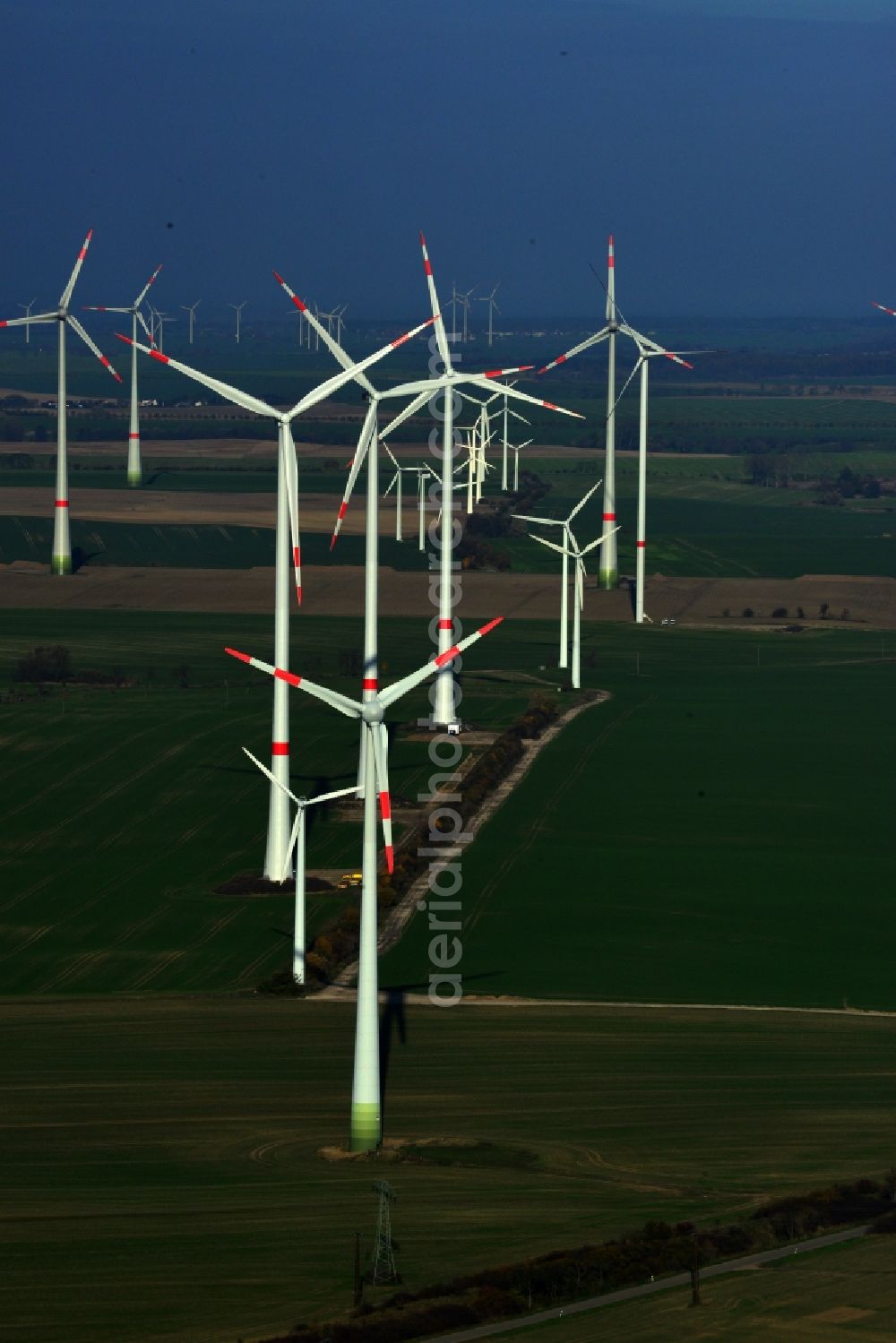 Aerial image Prenzlau - Group of wind turbines of various types and sizes of company Senvion in Prenzlau in the state of Brandenburg