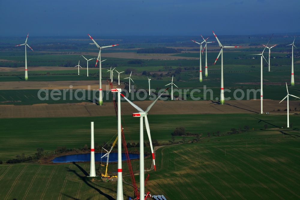 Prenzlau from the bird's eye view: Group of wind turbines of various types and sizes of company Senvion in Prenzlau in the state of Brandenburg