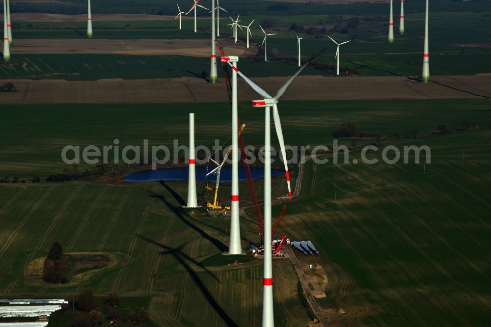 Aerial image Prenzlau - Group of wind turbines of various types and sizes of company Senvion in Prenzlau in the state of Brandenburg