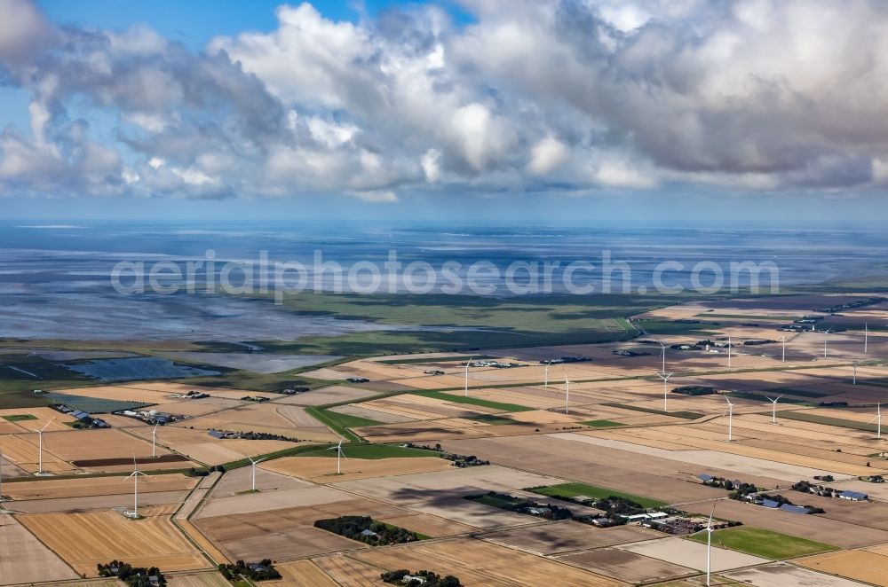 Reußenköge from above - Wind turbines of a wind power plant on agricultural land and fields in Reussenkoege in North Friesland in the state Schleswig-Holstein, Germany