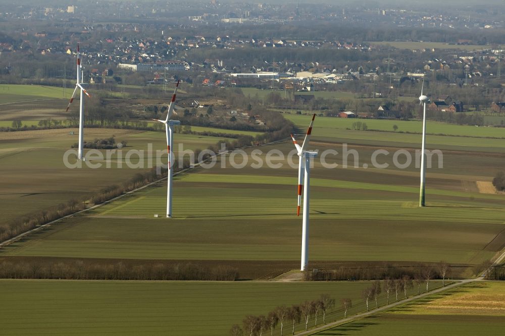 Aerial image Hamm - Wind turbines of the wind power plants in Hamm in North Rhine-Westphalia NRW