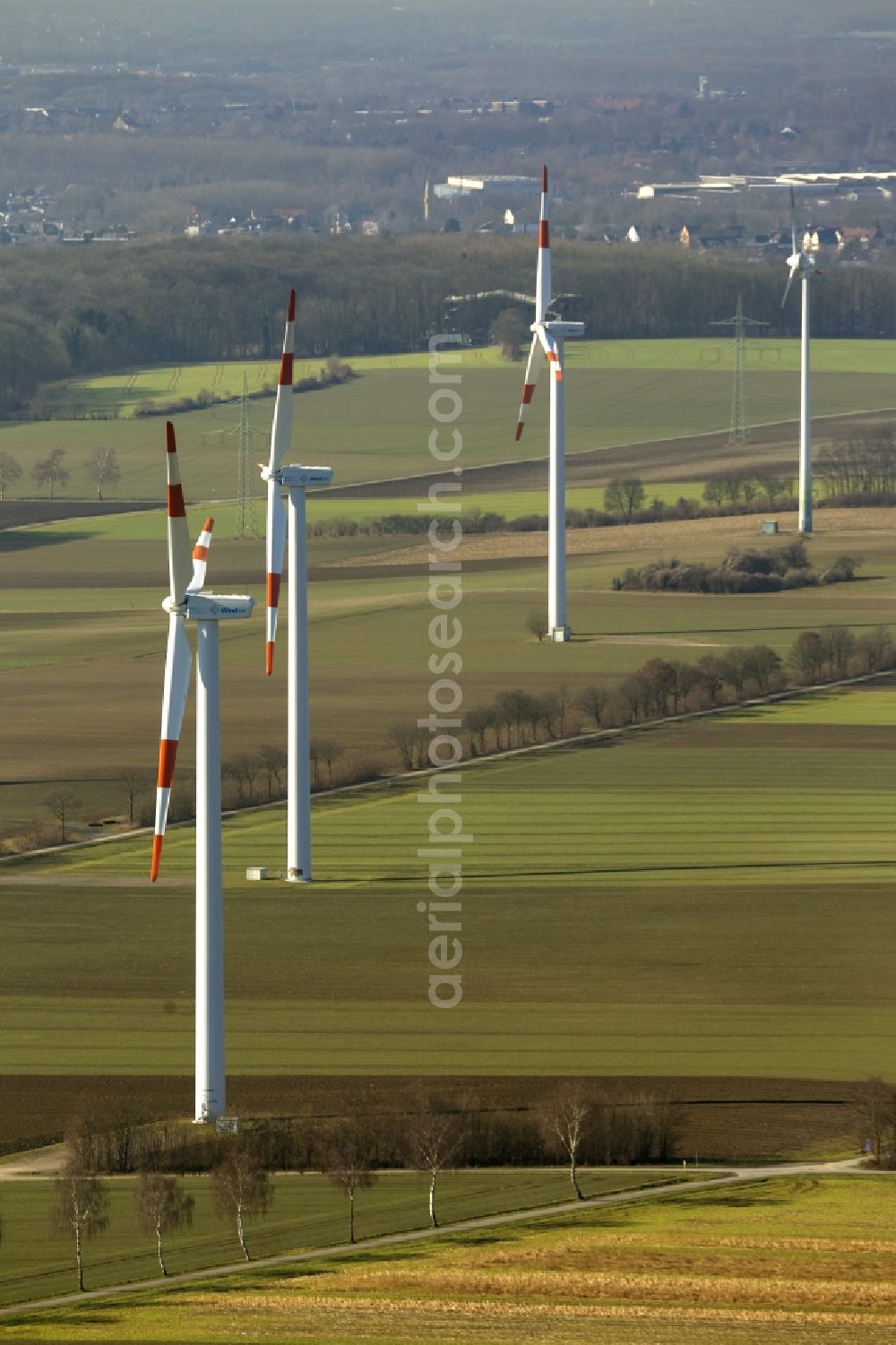 Aerial photograph Hamm - Wind turbines of the wind power plants in Hamm in North Rhine-Westphalia NRW