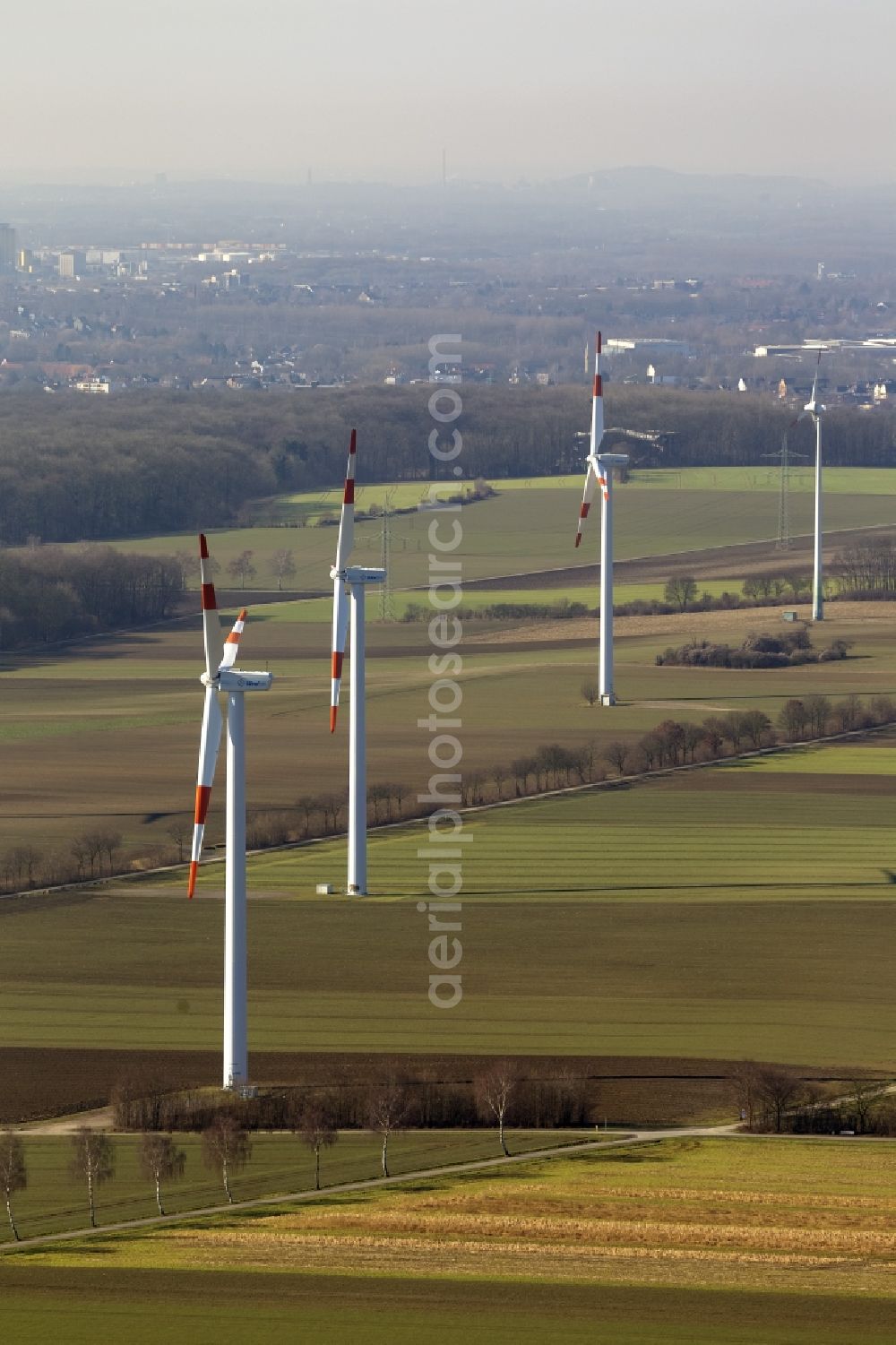 Hamm from above - Wind turbines of the wind power plants in Hamm in North Rhine-Westphalia NRW