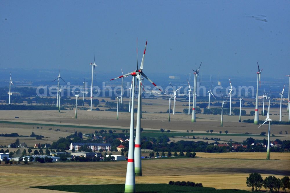 Aerial image Löbitz - Wind turbines of the wind power plants on fields at Loebitz in the state of Saxony-Anhalt