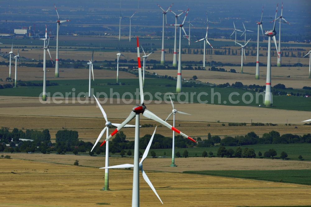 Löbitz from above - Wind turbines of the wind power plants on fields at Loebitz in the state of Saxony-Anhalt