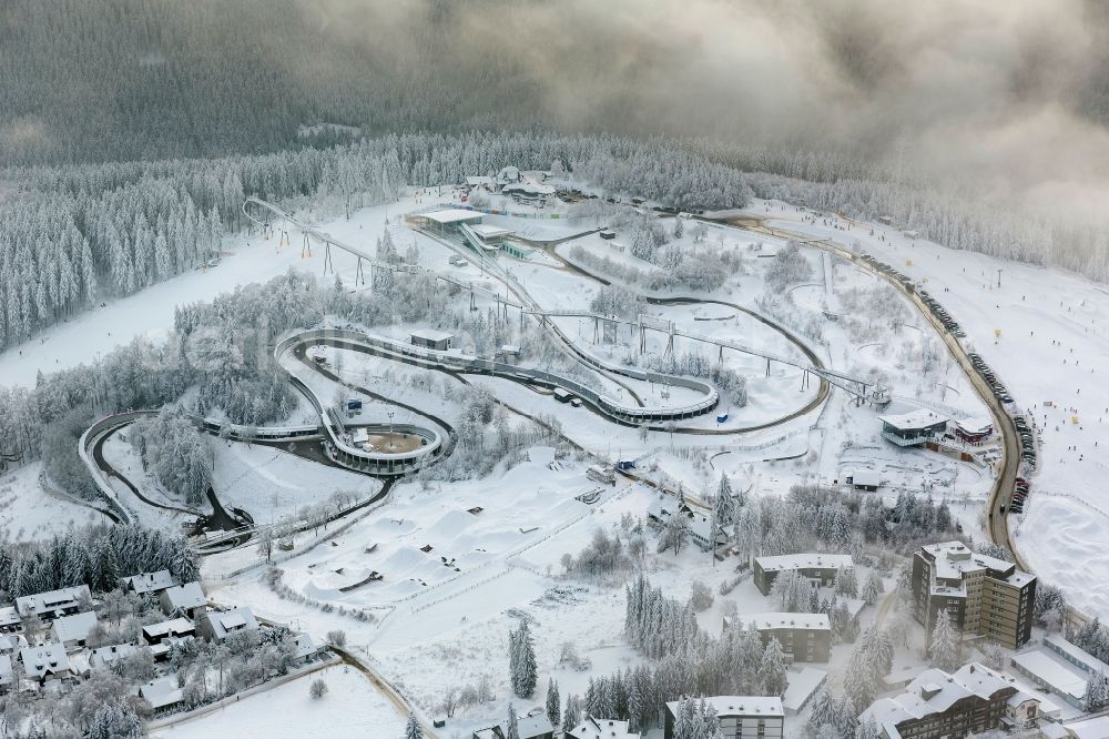 Aerial image Winterberg - Winter landscape in the Bob racetrack Hochsauerlandkreis HSK in Winterberg in North Rhine-Westphalia NRW