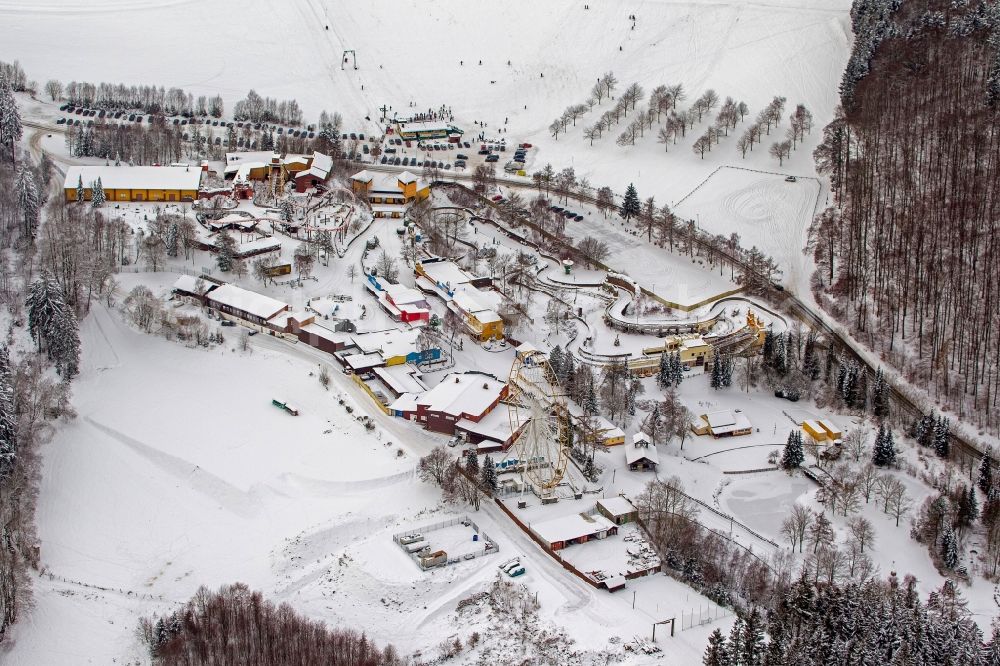 Aerial image Olsberg - View Winter - snow-covered landscape of Theme Park / Fort Fun adventure park at Olsberg in North Rhine-Westphalia NRW