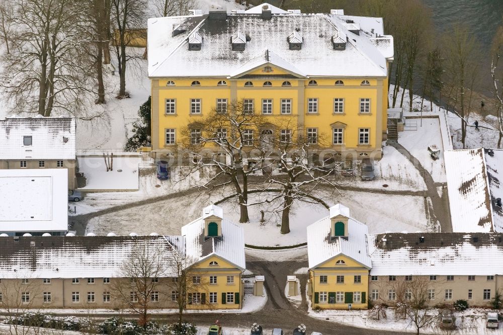 Schwerte from above - Winter landscape of snow-covered terrain of the Protestant Academy Schwerte in North Rhine-Westphalia NRW