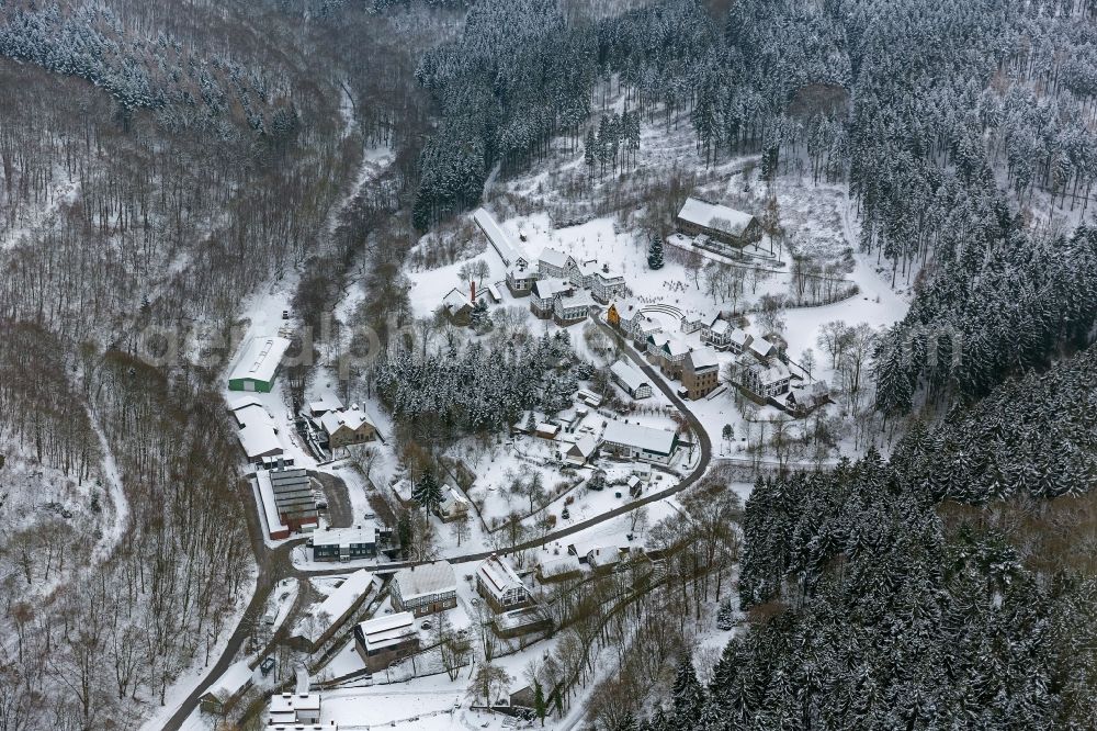 Hagen from above - Winter - landscape of snow-covered terrain of the open-air museum Hagen. The Westphalian State Museum of craft and technology is an open air museum in the Hagen district Selbecke Mäckingerbachtal in the southeastern Ruhr area in North Rhine-Westphalia. Carrier is the Regional Association of Westphalia-Lippe