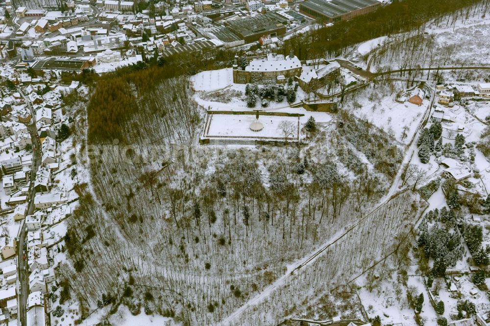 Hagen from above - Winter - landscape of snow-covered grounds of the Castle Hohenlimburg Hagen in North Rhine-Westphalia