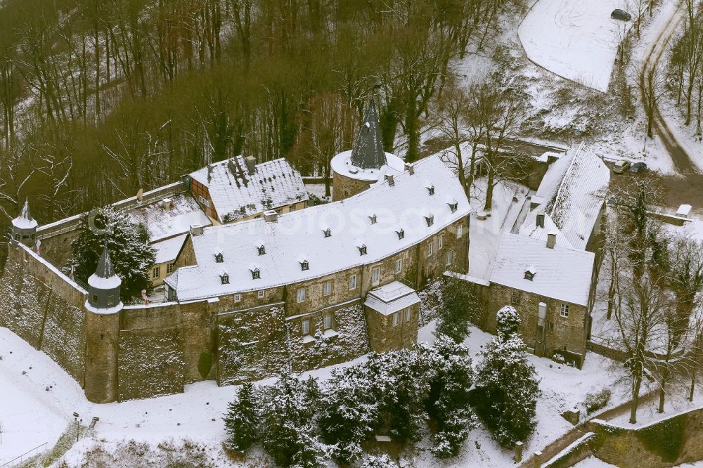 Hagen from above - Winter - landscape of snow-covered grounds of the Castle Hohenlimburg Hagen in North Rhine-Westphalia