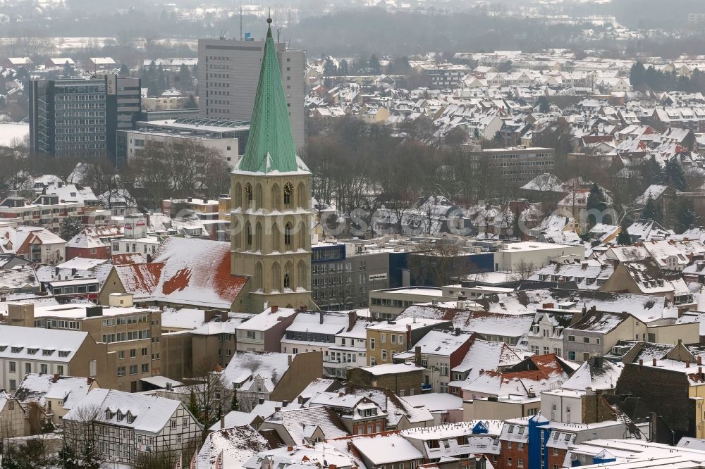 Hamm from above - Winter - snow-covered landscape of the city center with the St. Paul's Church in Hamm in North Rhine-Westphalia