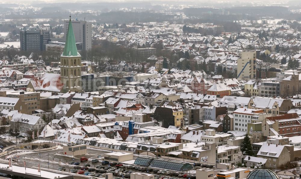 Aerial image Hamm - Winter - snow-covered landscape of the city center with the St. Paul's Church in Hamm in North Rhine-Westphalia