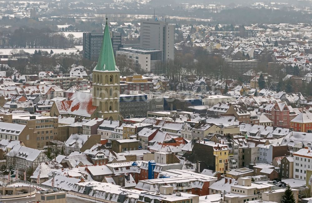 Aerial photograph Hamm - Winter - snow-covered landscape of the city center with the St. Paul's Church in Hamm in North Rhine-Westphalia