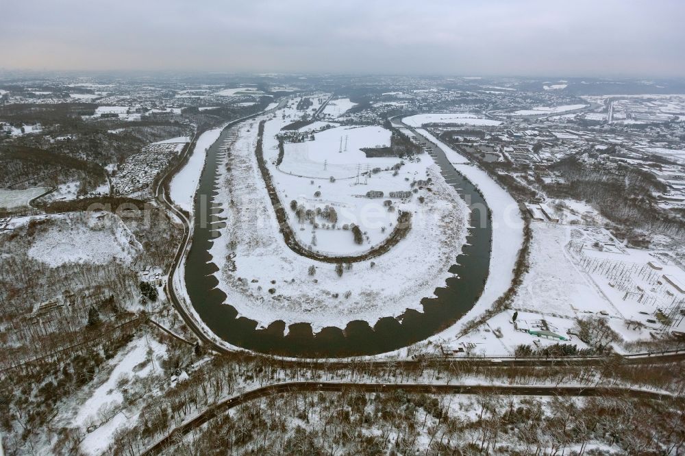 Hattingen from above - Winter - landscape of snow-covered banks of the loop in Hattingen Ruhr in North Rhine-Westphalia