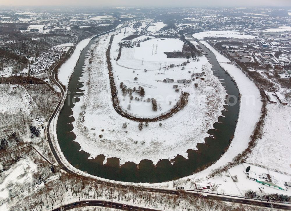 Hattingen from the bird's eye view: Winter - landscape of snow-covered banks of the loop in Hattingen Ruhr in North Rhine-Westphalia