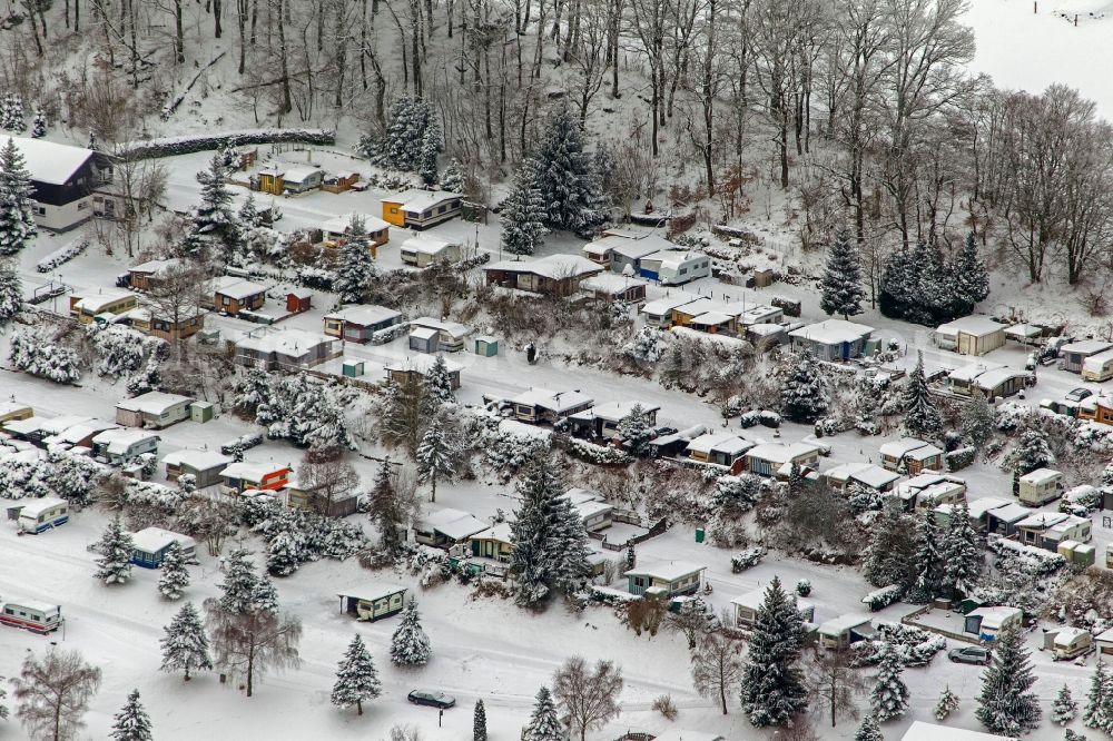 Olsberg from the bird's eye view: View Winter landscape of snow-covered winter camping / campsite Olsberg in North Rhine-Westphalia NRW