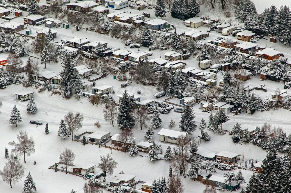 Aerial image Olsberg - View Winter landscape of snow-covered winter camping / campsite Olsberg in North Rhine-Westphalia NRW