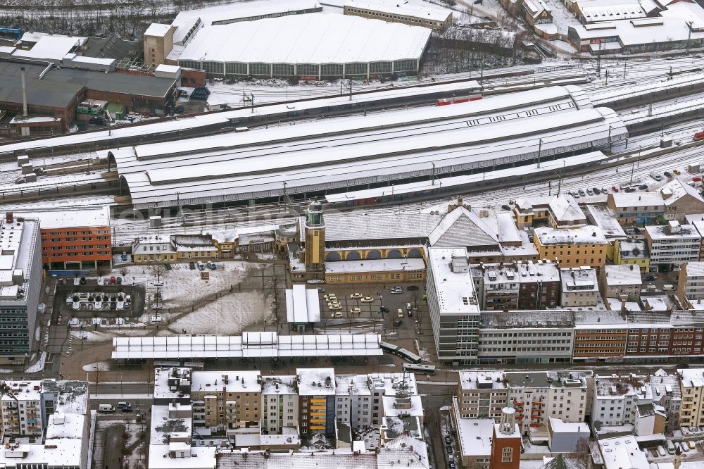 Aerial image Hagen - Winter - Landscape with snow from the Deutsche Bahn train station in Hagen in North Rhine-Westphalia