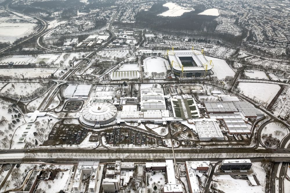 Dortmund from above - Winter - Aerial view of snow-covered terrain of Borusseum, the Signal Iduna Park stadium in Dortmund BVB in North Rhine-Westphalia