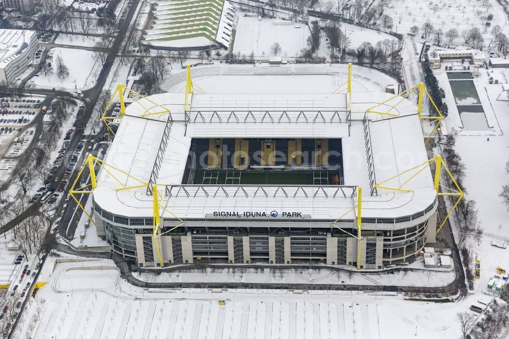 Aerial image Dortmund - Winter - Aerial view of snow-covered terrain of Borusseum, the Signal Iduna Park stadium in Dortmund BVB in North Rhine-Westphalia