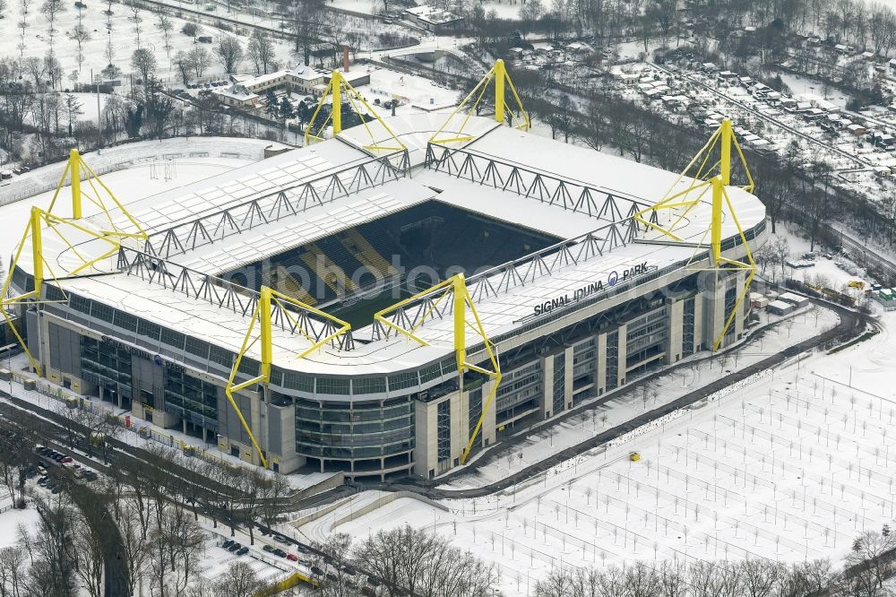 Dortmund from above - Winter - Aerial view of snow-covered terrain of Borusseum, the Signal Iduna Park stadium in Dortmund BVB in North Rhine-Westphalia