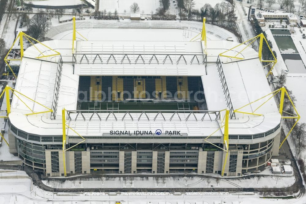 Aerial image Dortmund - Winter - Aerial view of snow-covered terrain of Borusseum, the Signal Iduna Park stadium in Dortmund BVB in North Rhine-Westphalia