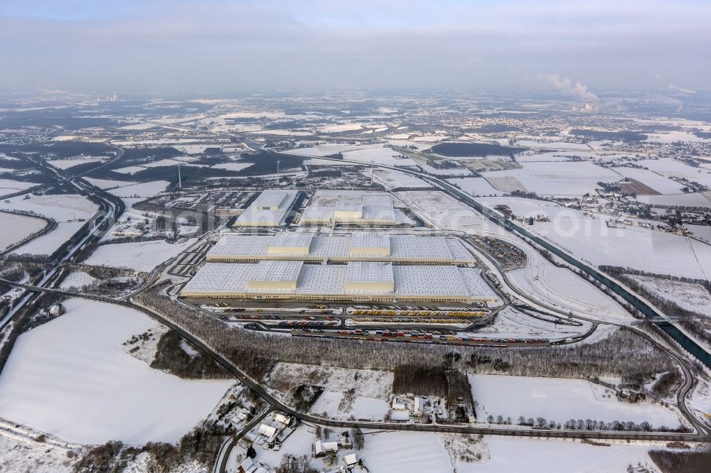 Aerial photograph Dortmund - Winter - Aerial view of snow-capped European headquarters of the logistics center of IKEA in the district Ellinghausen of Dortmund in North Rhine-Westphalia