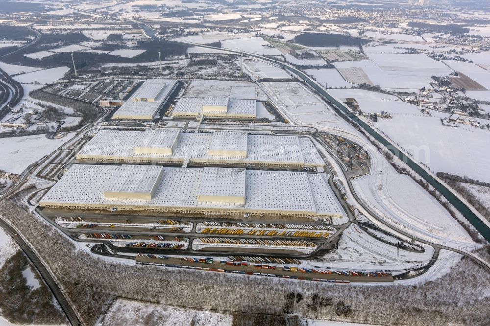 Dortmund from above - Winter - Aerial view of snow-capped European headquarters of the logistics center of IKEA in the district Ellinghausen of Dortmund in North Rhine-Westphalia