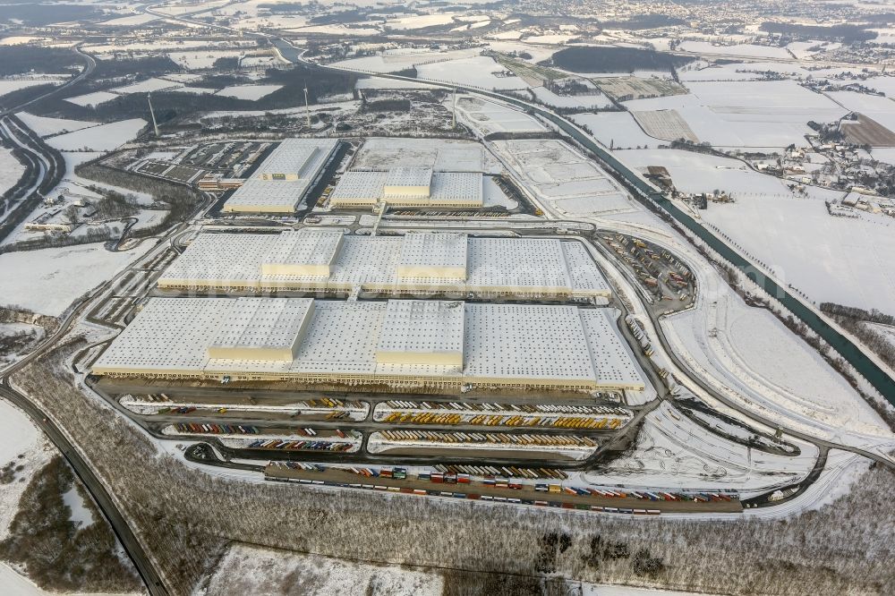 Dortmund from the bird's eye view: Winter - Aerial view of snow-capped European headquarters of the logistics center of IKEA in the district Ellinghausen of Dortmund in North Rhine-Westphalia