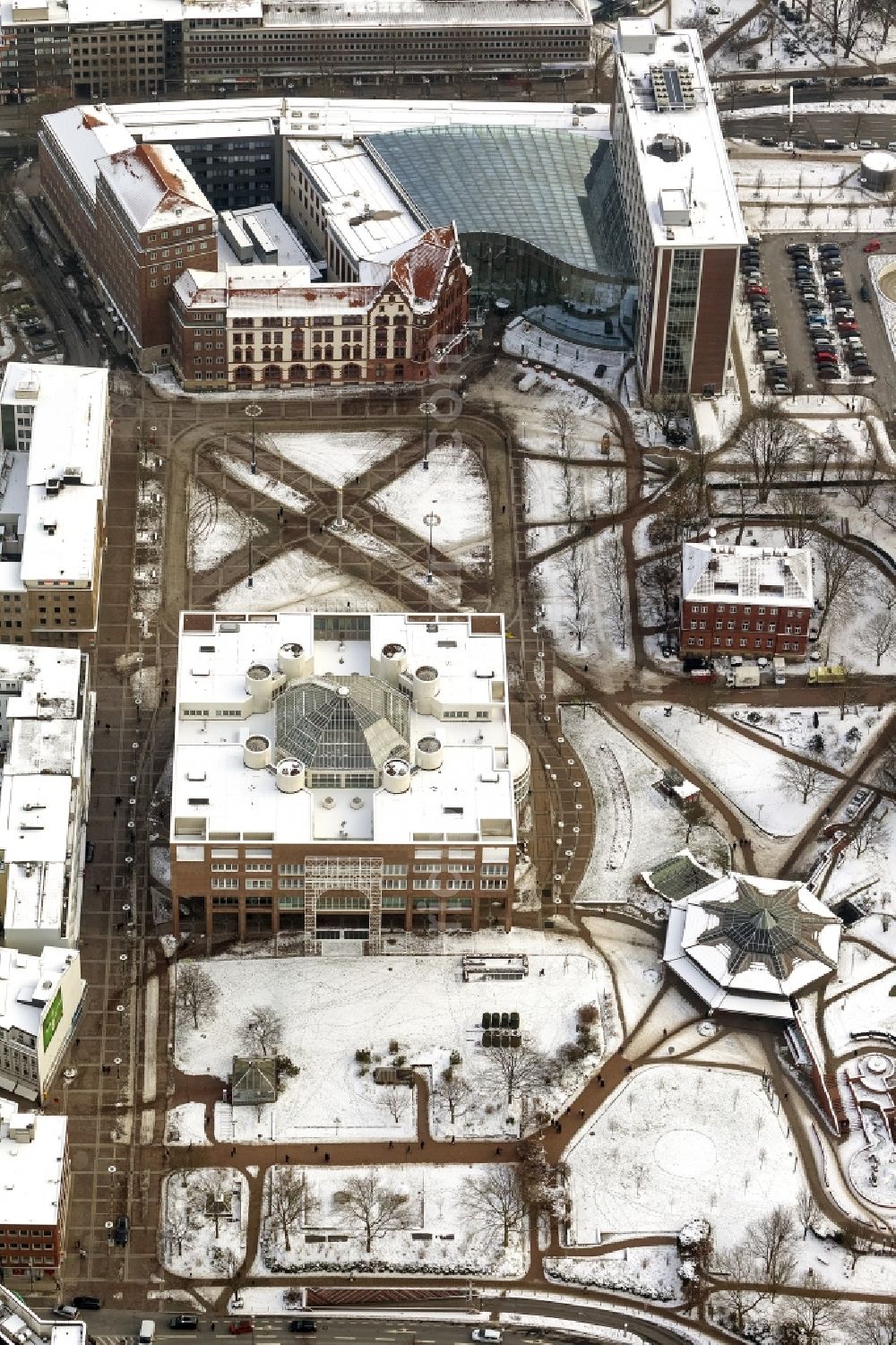 Aerial photograph Dortmund - Winter - Aerial view of snow-covered city hall building at Dortmund in North Rhine-Westphalia