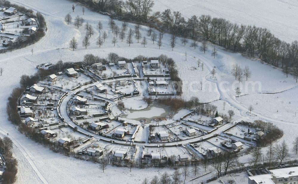 Dortmund from above - Winter - Aerial view of snow-capped allotments in the district Grevel in Dortmund in North Rhine-Westphalia